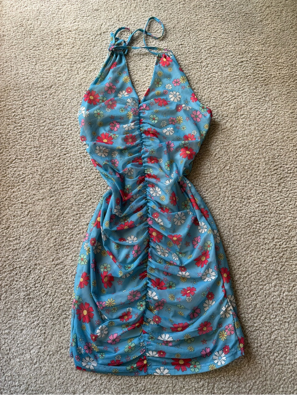 Blue Floral Halter Midi Dress with Ruched Front sexy casual night out y2k